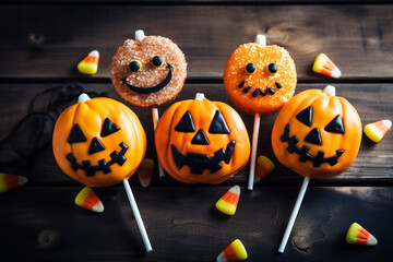 Jack-o'-lantern-shaped lollipops and candy corn treats, Сandy for Halloween, banner, Halloween