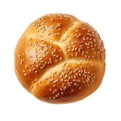 Freshly baked wheat bun seen from above, isolated on a transparent backround. - obrazy, fototapety, plakaty