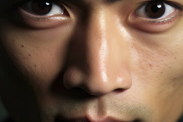 Close-up of the face of an Asian man, ai generated