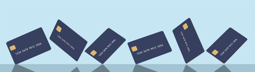 Six generic mock credit cards are seen reflected in a shiny surface design background in a 3-d illustration about finances and business.