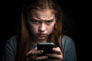 Mädchen liest eine Nachricht in den sozialen Medien, Cybermobbing 