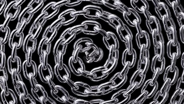 looping 3d animation, abstract silver chain twisting in spiral, isolated on black background