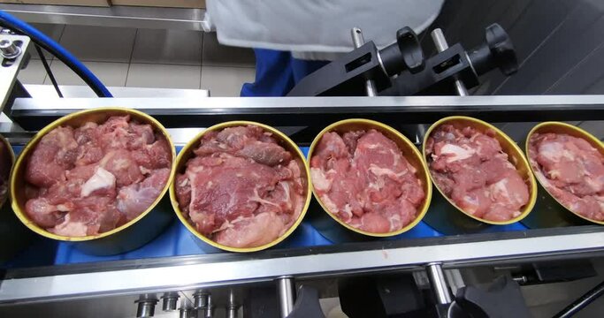 Production of canned meat. Finished cans of meat without labels are moved along the conveyor.
