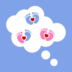 Favorite baby boy and girl feet on a cloud of thought. The concept of dreams, love, care and motherhood.