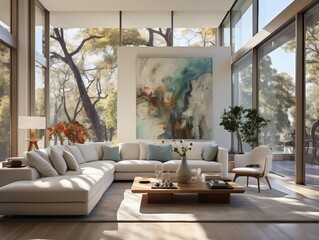 An elegant modern home interior with minimalist design and large floor-to-ceiling windows generative ai