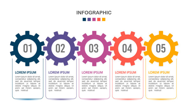 Presentation of business infographic template with gears 5 options. Vector illustration.