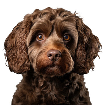 Brown cockapoo dog against a dark backdrop.