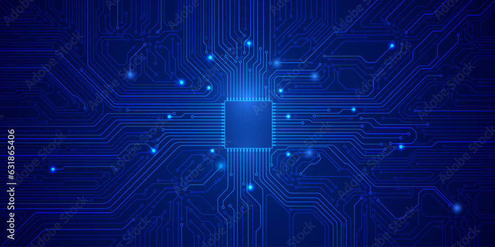 Poster Circuit board digital CPU microprocessor data transferring technology futuristic. Blue scifi trace pattern scheme vector background.