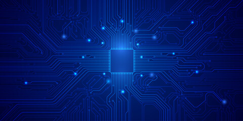 Circuit board digital CPU microprocessor data transferring technology futuristic. Blue scifi trace pattern scheme vector background.