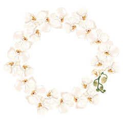 Boho, bohemian wreath with white phalaenopsis orchid flowers. Wedding floristry.