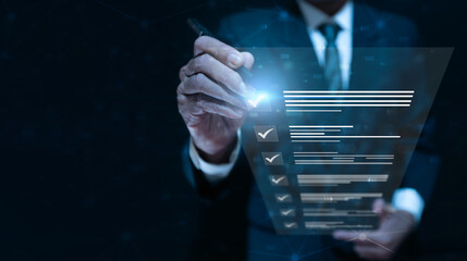 businessman checking business performance Business performance monitoring concept, businessman online survey filling out, digital form checklist