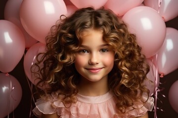 Obraz na płótnie Canvas Beautiful little baby doll princess with curly hair in a pink fluffy princess luxury dress with pink balloons on pink background. Holiday celebrations concept