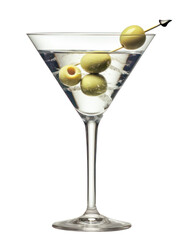 Martini dry oder Dry Martini mit Olive, Cocktail, Shortdrink, freigestellt, transparenter Hintergrund, Generative AI - obrazy, fototapety, plakaty