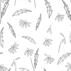 Beautiful black chamomile flowers with leaves isolated on white background. Cute floral seamless ink pattern. Vector flat graphic hand drawn illustration. The isolated object on a white background.