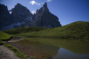 Landscape of the Dolomites under a blue sky in the Pala group in Italy