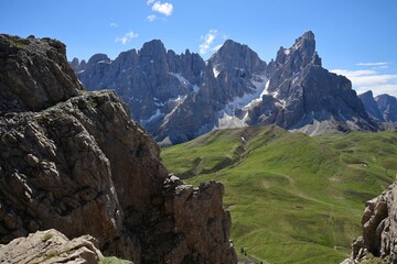 Landscape of the Dolomites under a blue sky in the Pala group in Italy