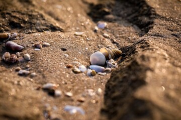 Closeup of seashells on a sandy beach