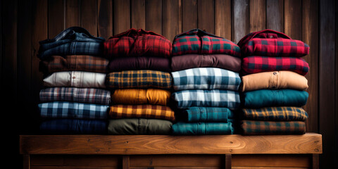 Stack of flannel shirts on a wooden shelf, Fall wardrobe, Rustic fashion - obrazy, fototapety, plakaty