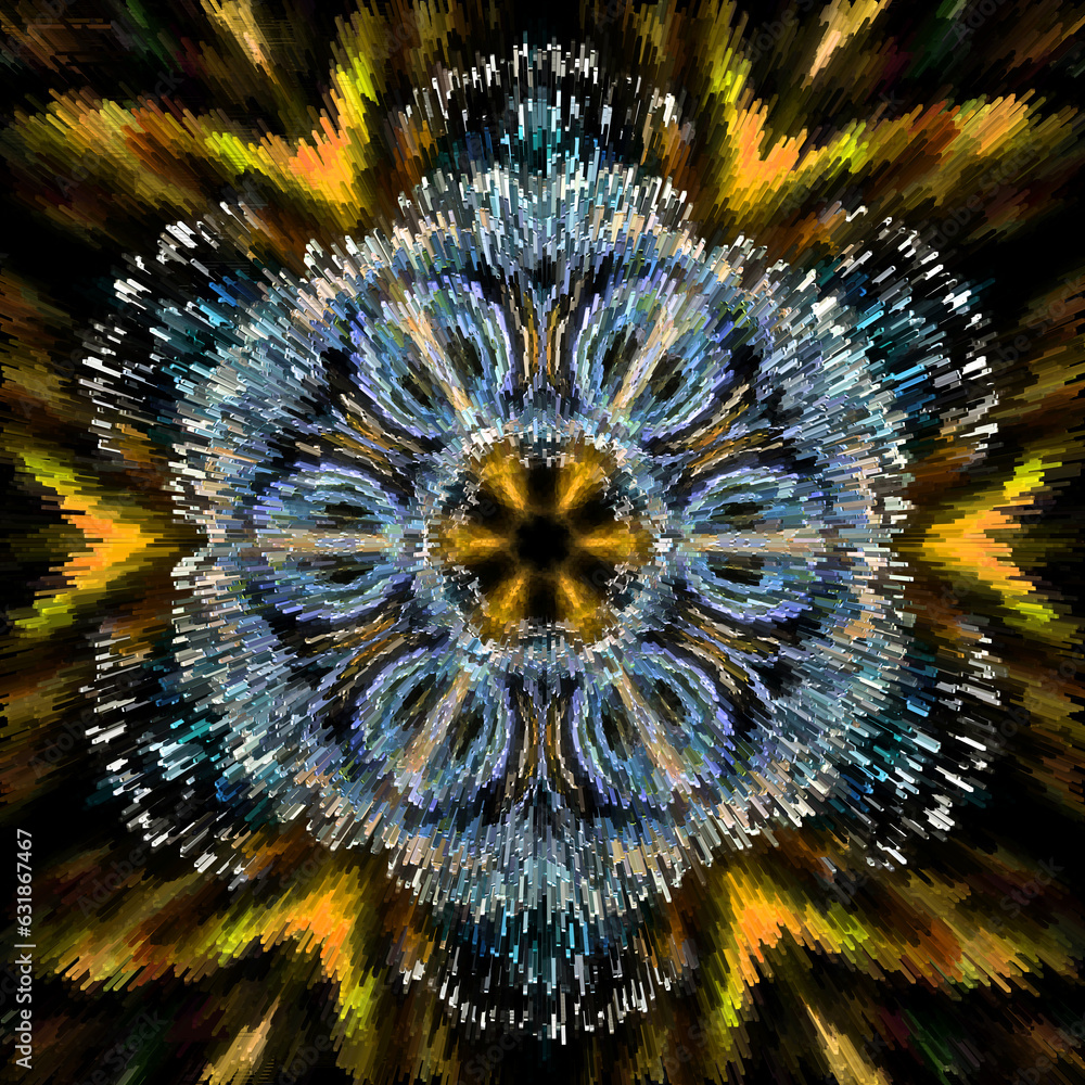Aufkleber gold arrows pointing inwards onto a complex grey and blue exploding design in square format of a tra
