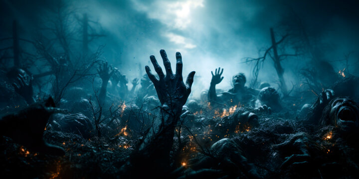 Scary zombie hand emerging from the grave in a misty cemetery, Undead rising, Horror theme