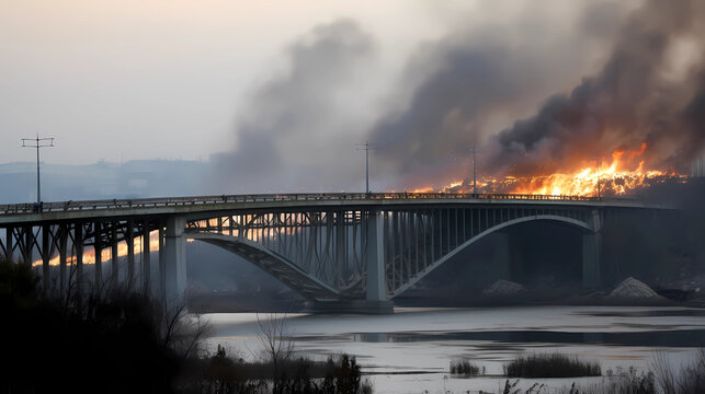 Powerful explosion on a concrete road bridge during the day. burning bridge. generative ai