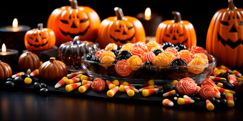 Festive Halloween candy assortment on a black tablecloth with carved pumpkins in the background, Trick or Treat, Holiday sweets