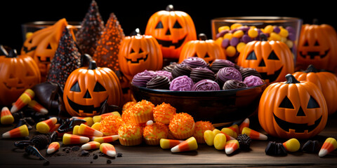 Festive Halloween candy assortment on a black tablecloth with carved pumpkins in the background, Trick or Treat, Holiday sweets