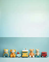 Fototapeta premium Pastek blue empty wall with row of colored toys on the floor