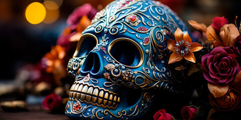 Detailed sugar skull for Dia de los Muertos celebration on an altar, Cultural Halloween, Day of the Dead