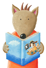 Cute wolf reading book