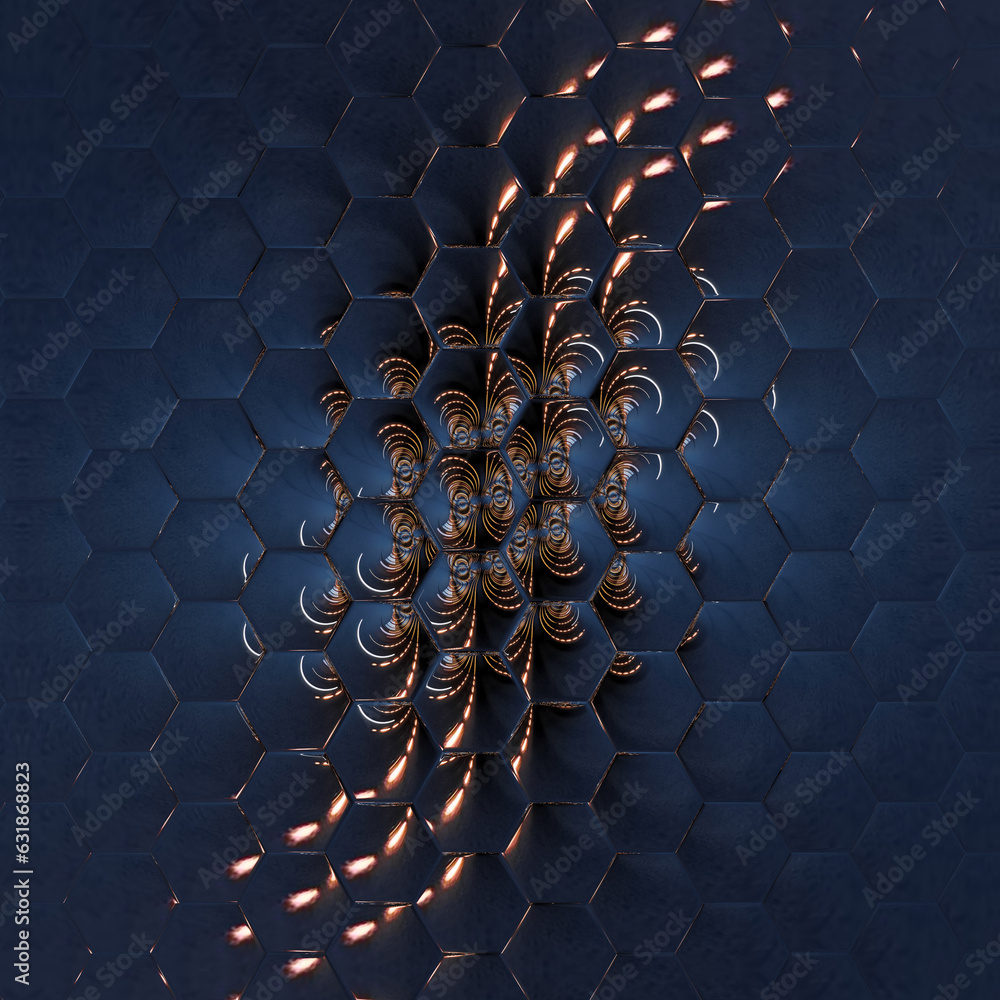 Poster gold curve on a dark grey background with hexagonal glass tile distortion
