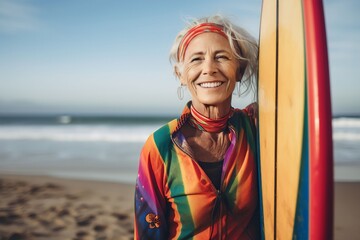 Senior surfer old woman holding surf board on the beach