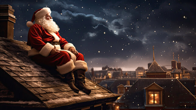 Santa Claus on a winter rooftop looking up at the stars. Christmas scene