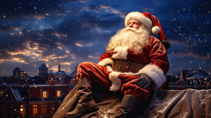 Fototapeta na wymiar Santa Claus on a winter rooftop looking up at the stars. Christmas scene