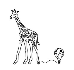 Silhouette of abstract giraffe with light bulb as line drawing on white. Vector