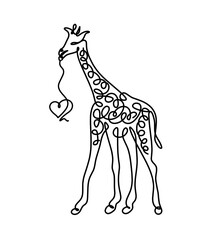 Silhouette of abstract giraffe with heart as line drawing on white. Vector