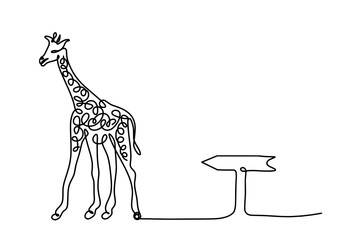 Silhouette of abstract giraffe with direction as line drawing on white. Vector