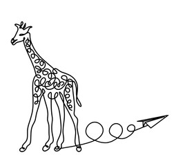 Silhouette of abstract giraffe with paper plane as line drawing on white. Vector