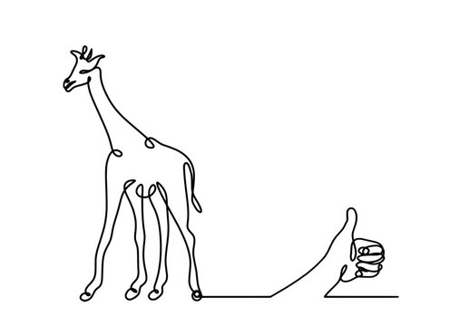 Silhouette of abstract giraffe with hand as line drawing on white. Vector