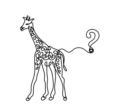 Silhouette of abstract giraffe with question mark as line drawing on white. Vector