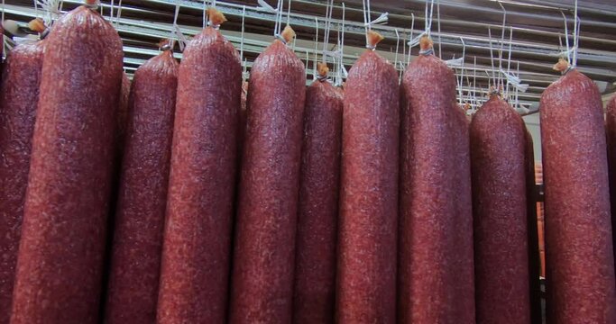 Production of smoked and dried sausages .Industrial meat processing plant. Production technology.