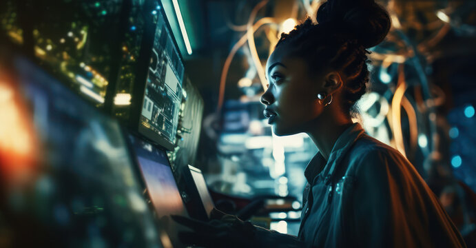 black woman using technology, multicultural diversity future technology