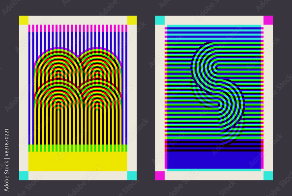 Poster retro bauhaus style poster set. geometric lines loop form composition template. risograph style. vin