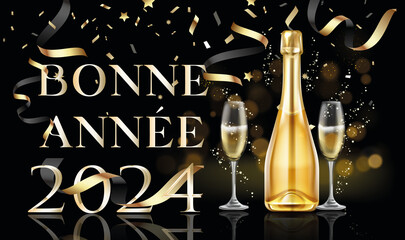 carte ou bandeau pour souhaiter une bonne année 2024 en or sur un fond noir avec des serpentins, étoiles, ronds en effet bokeh et des paillettes  or et à côté une bouteille d'alcool et deux flûtes