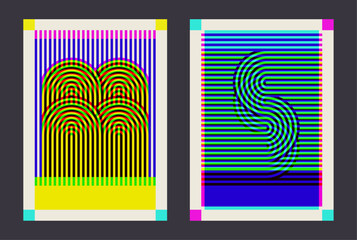 Retro Bauhaus Style Poster Set. Geometric Lines Loop Form Composition Template. Risograph style. Vintage, glitch colorful Vector illustration.