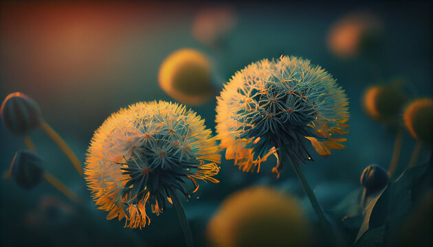 Floral summer spring background soft focus. Yellow dandelion flowers close-up in a field on nature on a dark blue green background in evening at sunset. Colorful artistic image, Ai generated image