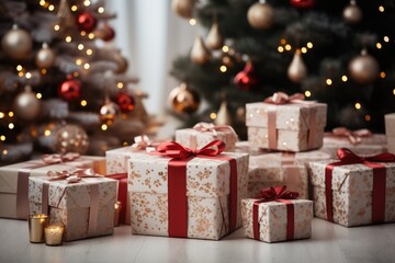 Christmas background with gift boxes decorated with golden and red ribbon on floor under Christmas tree, copy space. Winter holidays concept