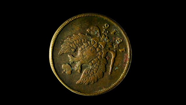 Obverse of Russian empire coin 2 copecks 1816, isolated in black background. 3d animation in 4k resolution video.