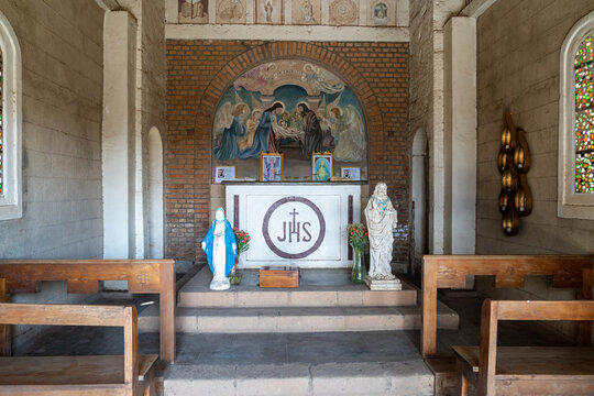 Mai Mahiu, Kenya, Africa - March 4, 2023: Inside the Mai Mahiu Catholic Church built by Italian Prisoners of War (POW) in 1942