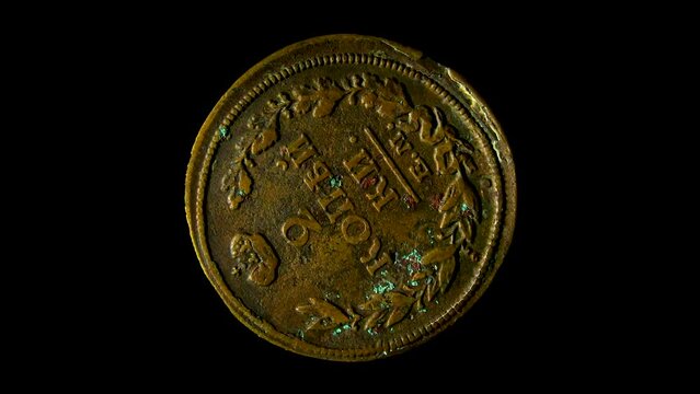 Reverse of Russian empire coin 2 copecks 1816, isolated in black background. 3d animation in 4k resolution video.